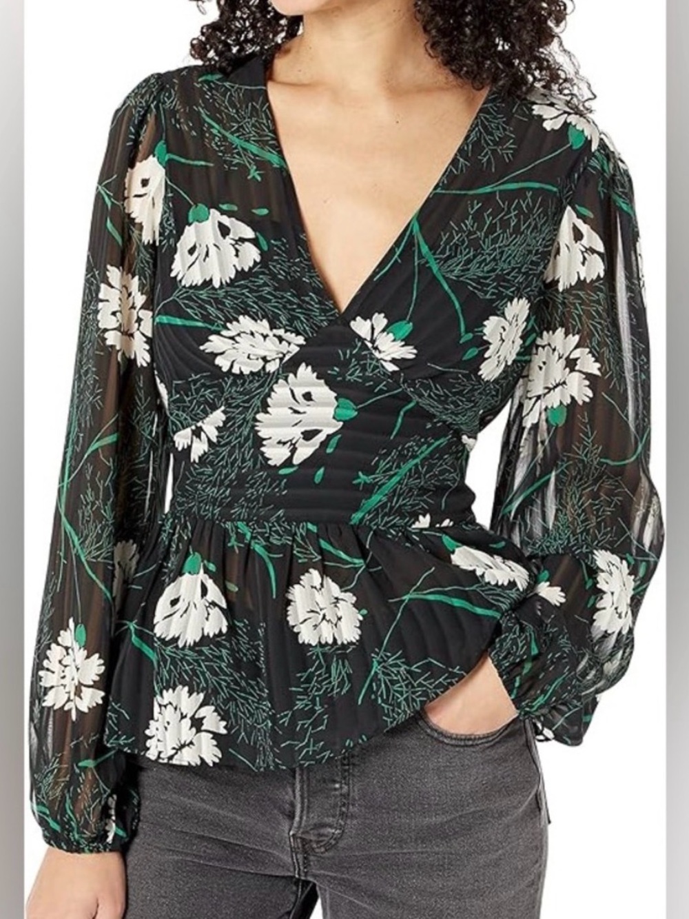 BCBGMAXAZRIA Black Floral Sheer Peplum Blouse Long Sleeve Ruched V-Neck XS